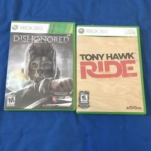 Two pre-owned Xbox 360 games Dishonored rated M and Tony hawk ride rated E